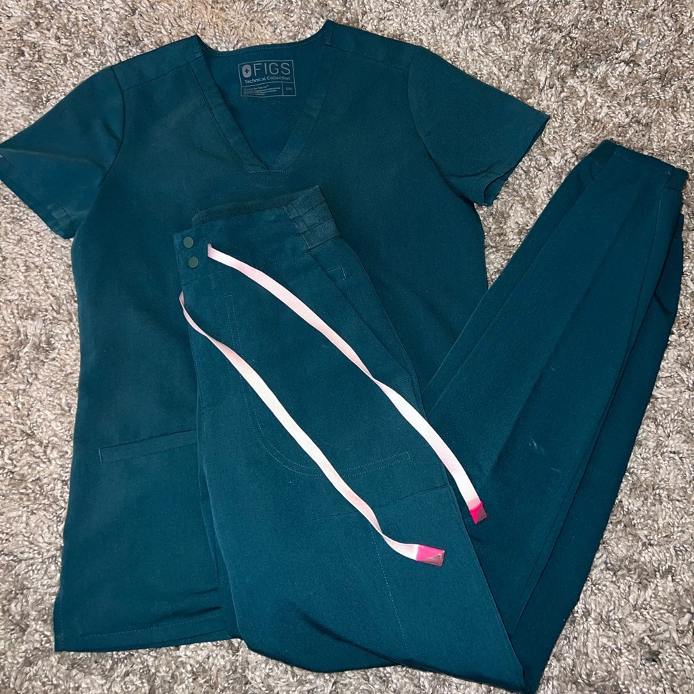 XXS/T FIGS Scrub Set Sumaiya Slim High waisted Caribbean Blue Teal Jogger Casma